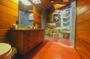 This bathroom was also built around the rock in the front entrance.